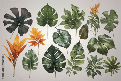 Collection of tropical leaves on grey background. Varied tropical leaves on a neutral grey surface