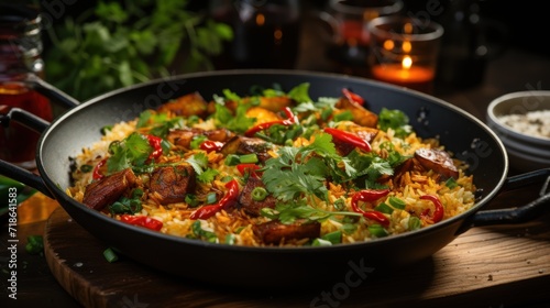 Rice with meat and vegetables on a black background. Asian cuisine