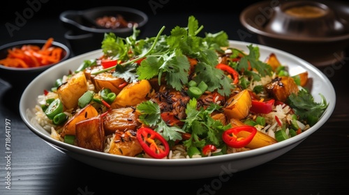 Rice with meat and vegetables on a black background. Asian cuisine