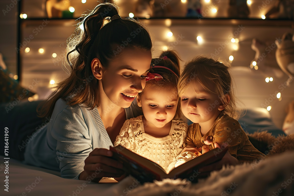 A mother reading a bedtime story to her children - obrazy, fototapety, plakaty 