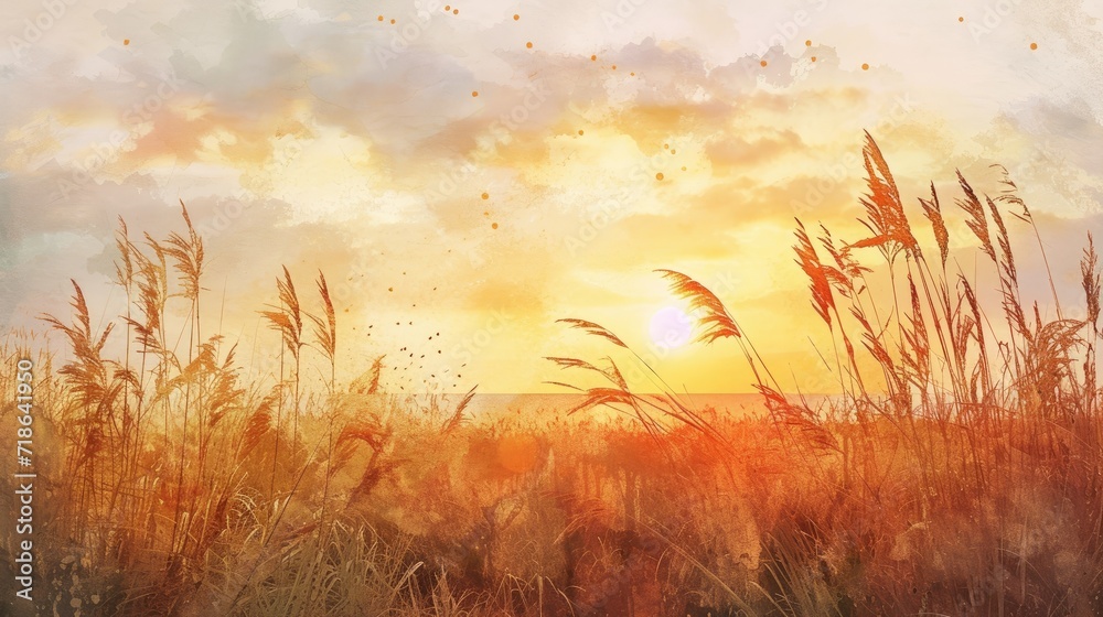 watercolor painting of sunset in the reeds and meadow - obrazy, fototapety, plakaty 
