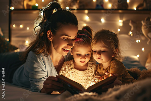 A mother reading a bedtime story to her children photo