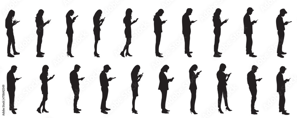 Silhouette of people using mobile phone or smart phone. Modern concept of people phone addiction.  - obrazy, fototapety, plakaty 