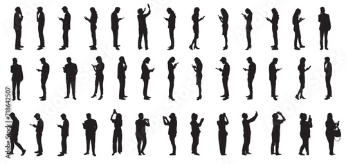Silhouette of people using mobile phone or smart phone. Modern concept of people phone addiction. 