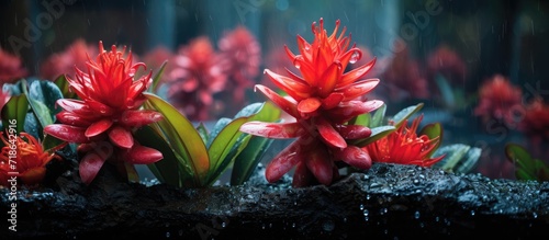 In a tropical garden, one cannot help but admire the captivating beauty of neoregelia fireballs, their vibrant red bromeliads bloom beautifully. photo