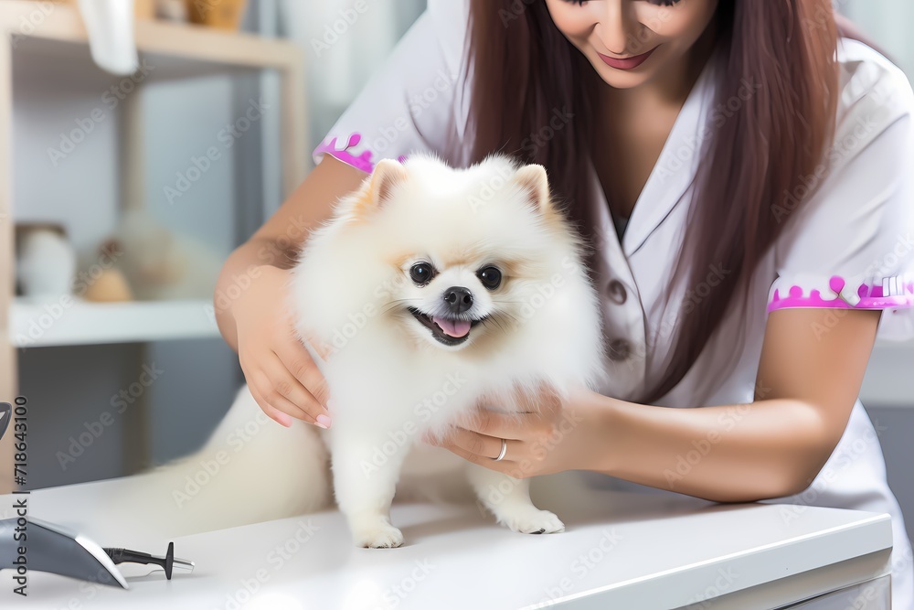 A pet groomer pampering a fluffy dog in a bright grooming salon.