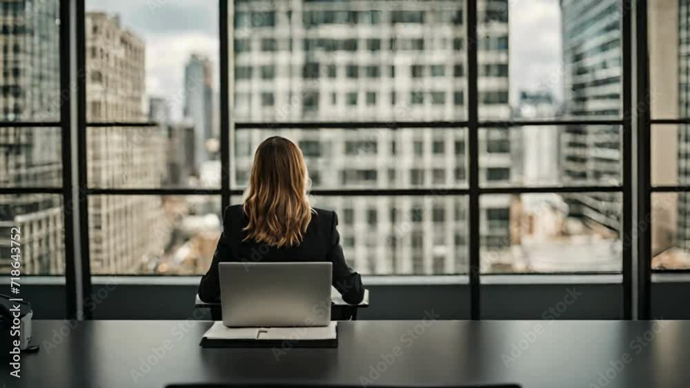 Depressed Corporate Business Back View of Woman Working On Laptop From Skyrise Office