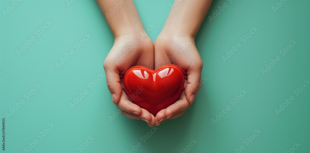 Close-up hand holding red heart concept on green background. Close-up hand holding red heart concept on green background.