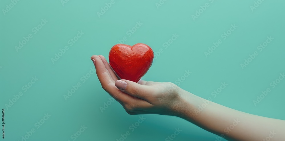 Fototapeta premium Close-up hand holding red heart concept on green background.