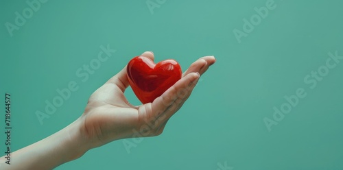 Close-up hand holding red heart concept on green background.