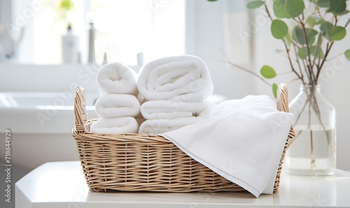 Basket with white towels on the countertop in the bathroom.
