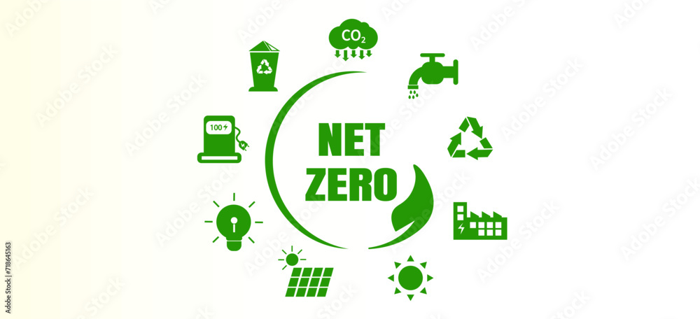 Net zero and carbon neutral concept Net zero greenhouse gas emissions target with a green health center icon on a white circle background