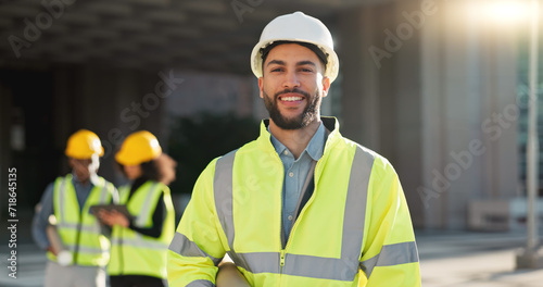 Happy man, architect and city for construction management or teamwork in leadership on site. Portrait of male person, contractor or engineer smile for professional architecture, project or ambition photo