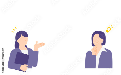 年配の管理職に問題解決策を提案する女性アドバイザーのイラスト