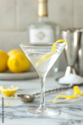 Vodka martini cocktail with lemon twist in a bar setting