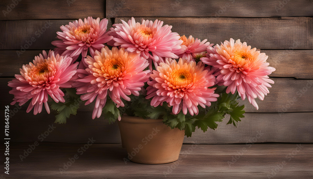 Pink and orange chrysanthemum flowers mud pot with rustic background