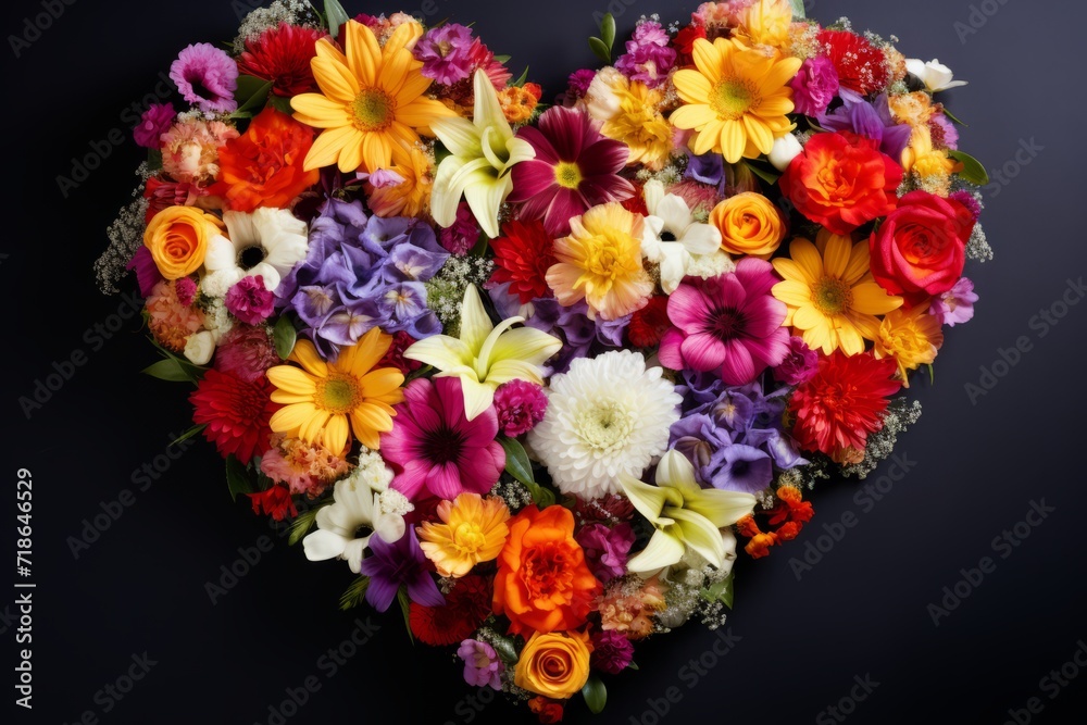 bouquet of flowers laid out in the shape of a heart. Wildflowers symbolize the beginning of spring and women's holiday. St. Valentine's Day. bouquet on a gray background. Generative ai technology