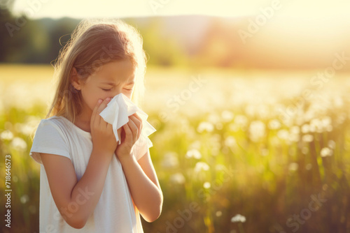 A young girl is suffering from a spring pollen allergy photo