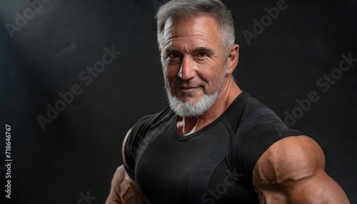 Elderly male bodybuilder on black background. © SashaMagic