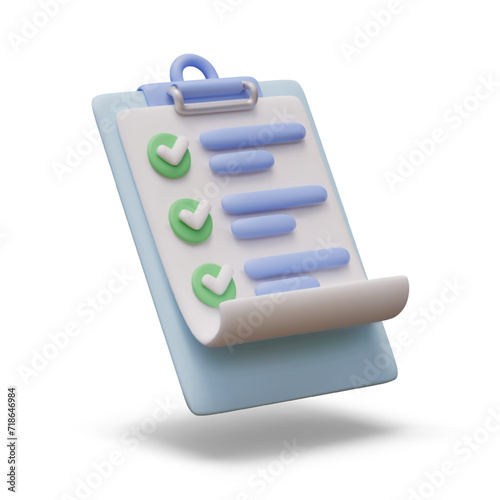 Side view on blue professional clipboard with checklist for medical use. Medical supplies for work with patients. Concept of healthcare. Vector illustration with white background in 3d style