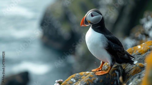 Black and white atlantic puffin birds sit on green rocky shore against of the sea in Iceland, north, ocean, island, landscape, fauna, flowers, red beaks and paws, grass, sky, mountains, and coastline