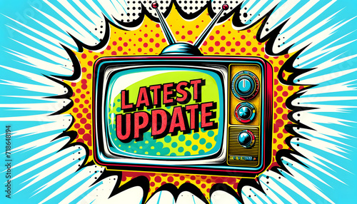 colorful pop art-inspired illustration that features a vintage television set with the words "LATEST UPDATE" displayed on its screen