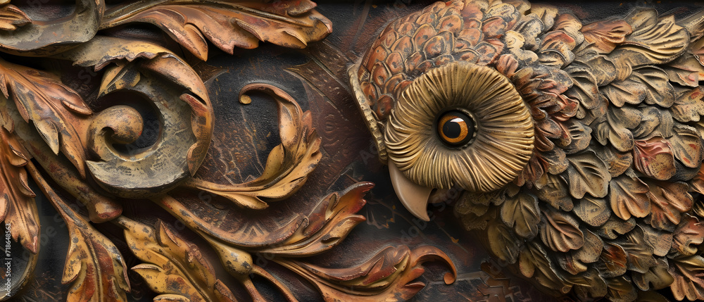 Ornate Wooden Carving of an Owl