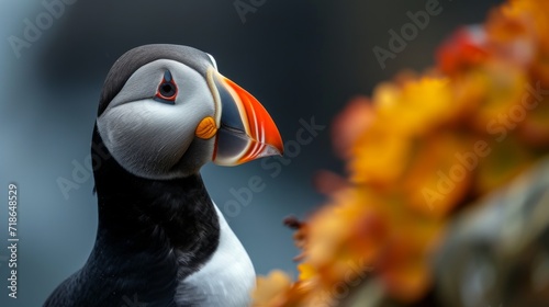 Black and white atlantic puffin birds sit on green rocky shore against of the sea in Iceland, north, ocean, island, landscape, fauna, flowers, red beaks and paws, grass, sky, mountains, and coastline