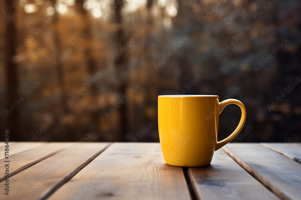 Obraz premium Yellow coffee mug on wooden table