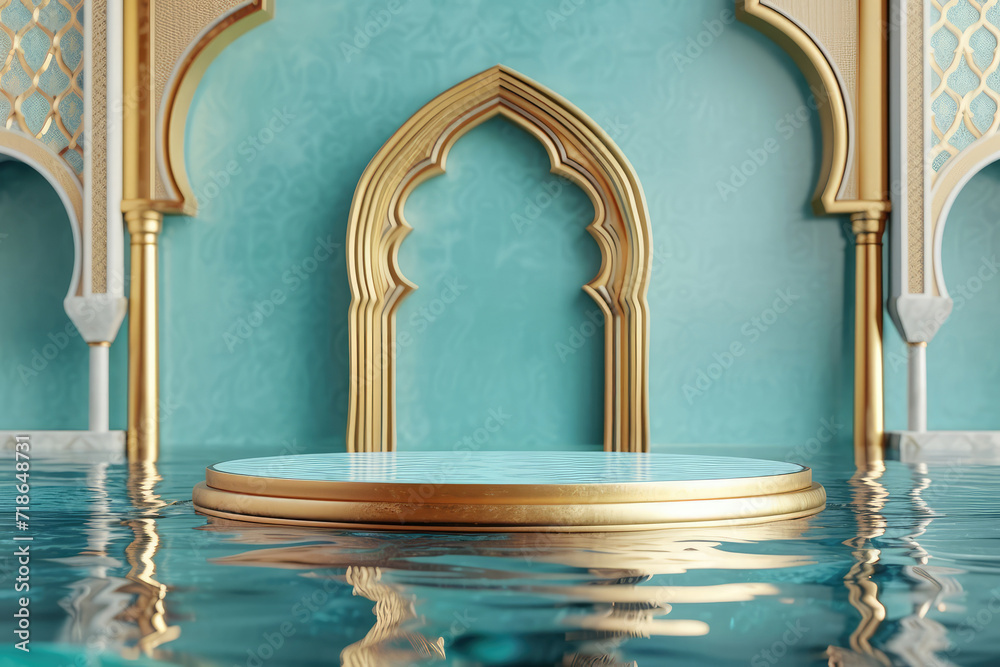 3d render of luxury podium on turquoise background with arabic pattern