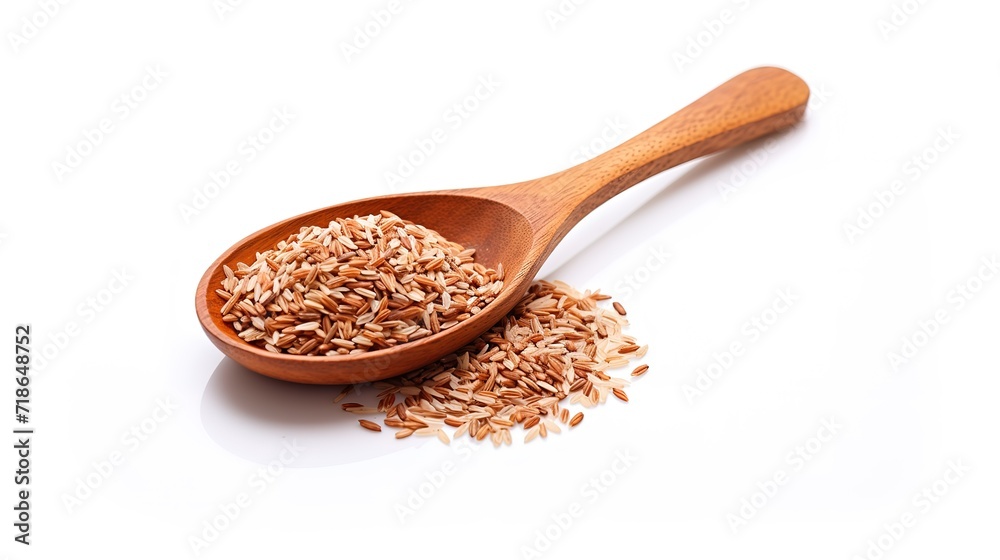 One spoonful of brown rice in photo on white Background. generative AI One spoonful of brown rice in photo on white Background. generative AI