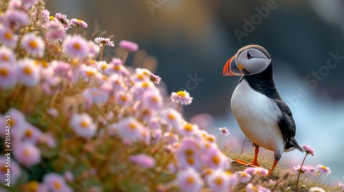 Black and white atlantic puffin birds sit on green rocky shore against  of the sea in Iceland  north  ocean  island  landscape  fauna  flowers  red beaks and paws  grass  sky  mountains  and coastline