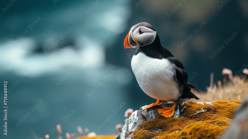 Obraz premium Black and white atlantic puffin birds sit on green rocky shore against of the sea in Iceland, north, ocean, island, landscape, fauna, flowers, red beaks and paws, grass, sky, mountains, and coastline
