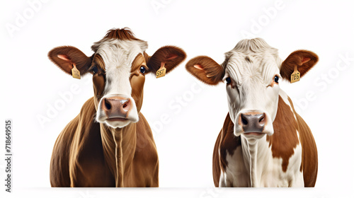 Collage of two cows isolated on a white background, front view