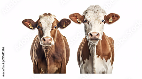 Collage of two cows isolated on a white background, front view