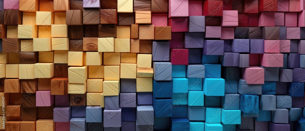 Captivating abstract texture featuring 3D wooden square cubes in a rainbow of colors, ideal for adding a lively and modern touch to your design, Ai Generated. Captivating abstract texture featuring 3D wooden square cubes in a rainbow of colors, ideal for adding a lively and modern touch to your design, Ai Generated.