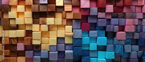 Captivating abstract texture featuring 3D wooden square cubes in a rainbow of colors, ideal for adding a lively and modern touch to your design, Ai Generated.