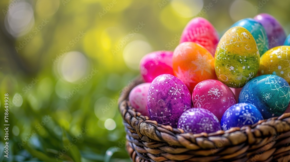 Rainbow-dyed Easter eggs in a basket, creating a colorful background, Ai Generated Rainbow-dyed Easter eggs in a basket, creating a colorful background, Ai Generated