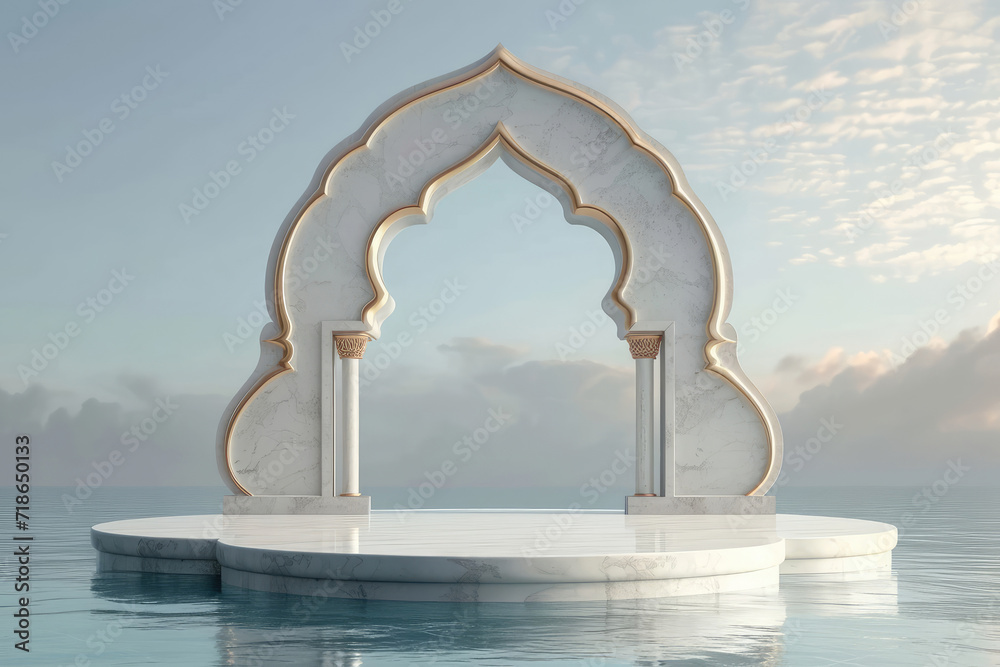 White marble podium with arabic arch on the water surface. 3D rendering