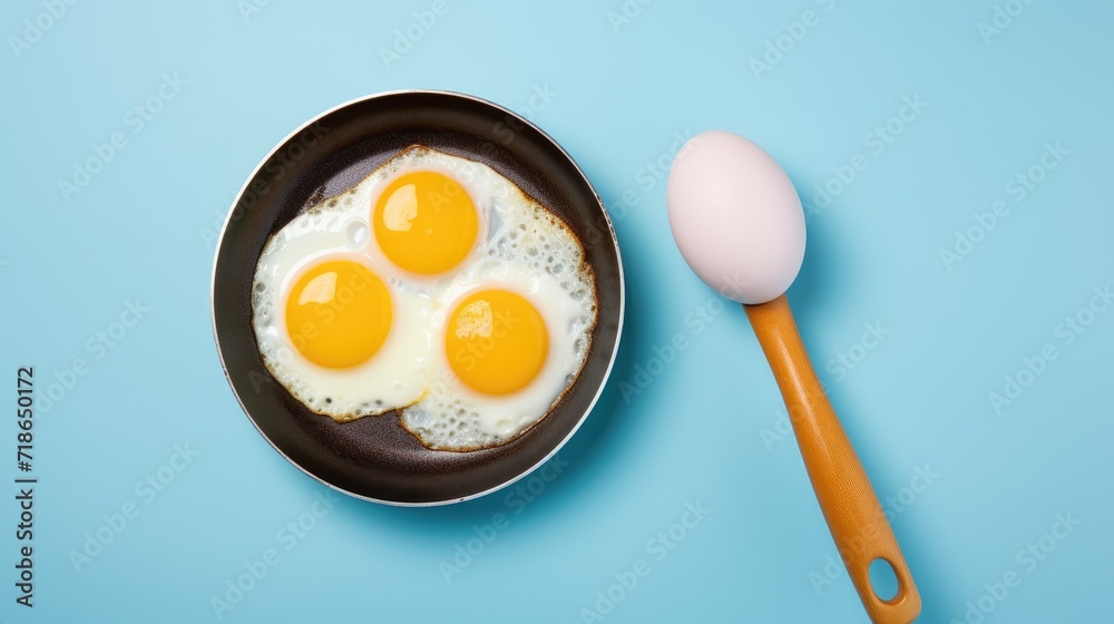 Two fried eggs in a pan, wooden spoon centerpiece, set against a blue background, Ai Generated. Two fried eggs in a pan, wooden spoon centerpiece, set against a blue background, Ai Generated.