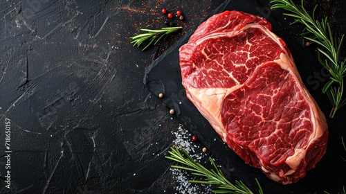 Prepare to savor the gourmet delight of a prime Black Angus Ribeye steak, raw and awaiting culinary perfection against a dramatic dark backdrop, Ai Generated.