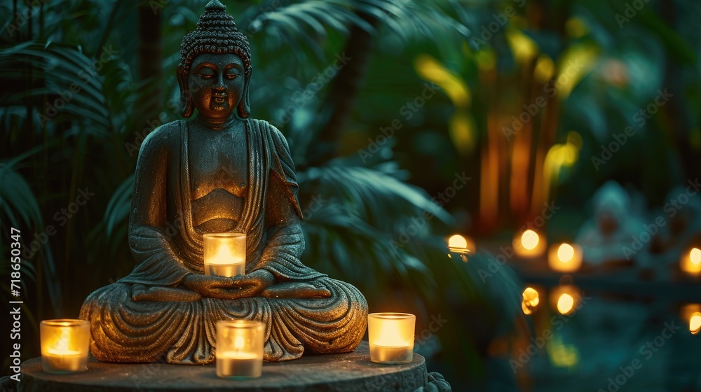 Serene Buddha statue with candles in a peaceful natural setting, Ai Generated.