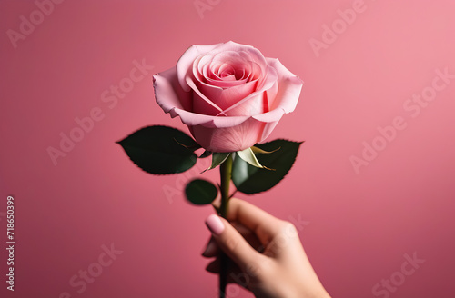 Pink rose in woman hand, on pink background.