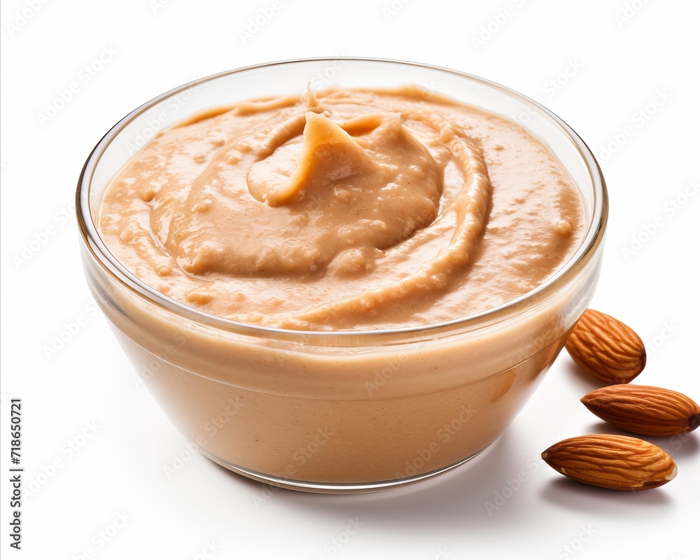Creamy almond butter in glass jar delicious and healthy spread for breakfast, snacks, and desserts Creamy almond butter in glass jar delicious and healthy spread for breakfast, snacks, and desserts