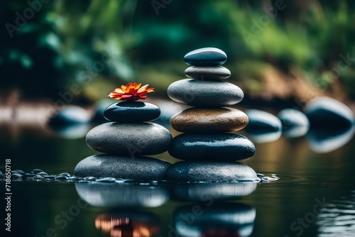 beautiful zen stone with flower in the water