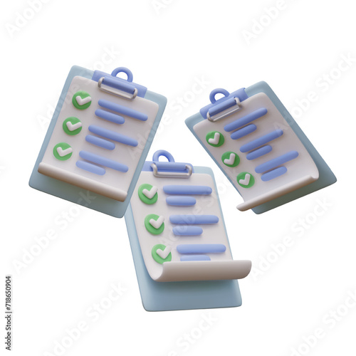 Set of 3D clipboards with lists and notes. Implementation of plan items. Completed questionnaire. Doctor prescription. Isolated vector illustration on white background