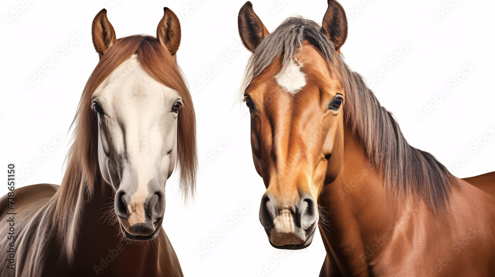 Horses isolated on white background, front view. Studio shot. Horses isolated on white background, front view. Studio shot.