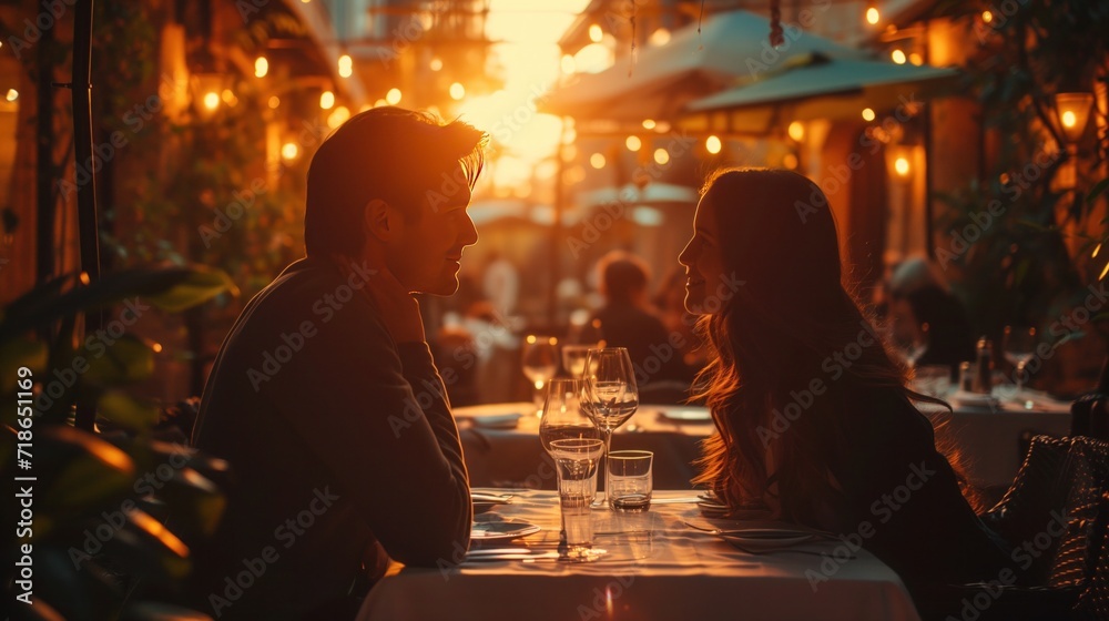 Young couple date dinner, in luxury old style italian vila - obrazy, fototapety, plakaty 
