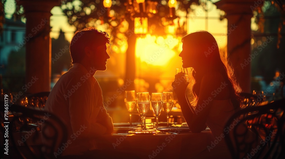 Young couple date dinner, in luxury old style italian vila