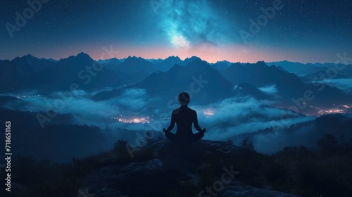 Yoga and meditation. Silhouette of man in mountains